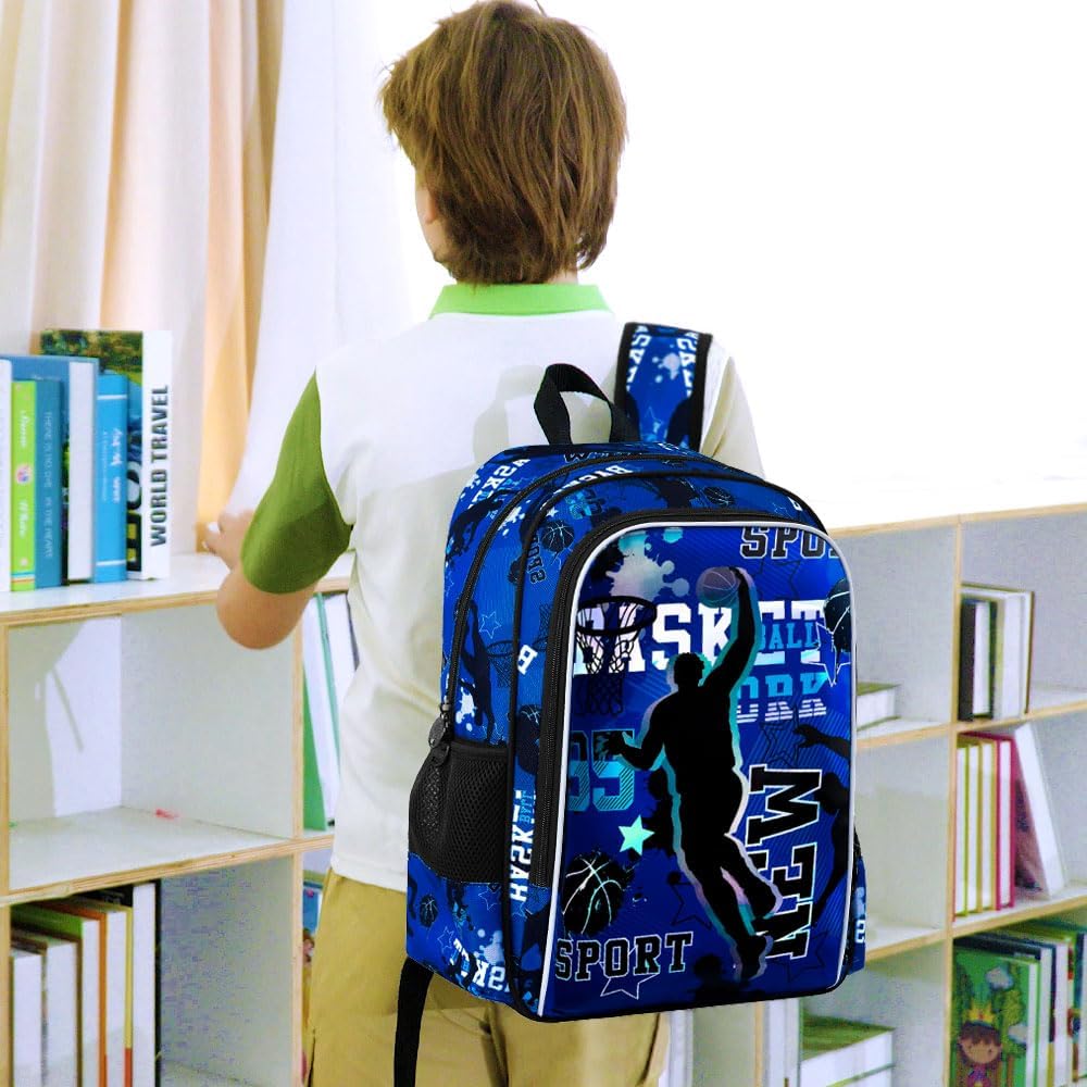 gxtvo 3PCS Boys Basketball Backpack, 17" Kids Bookbag with Lunch Box, Water Resistant Middle Elementary Preschool School Bag