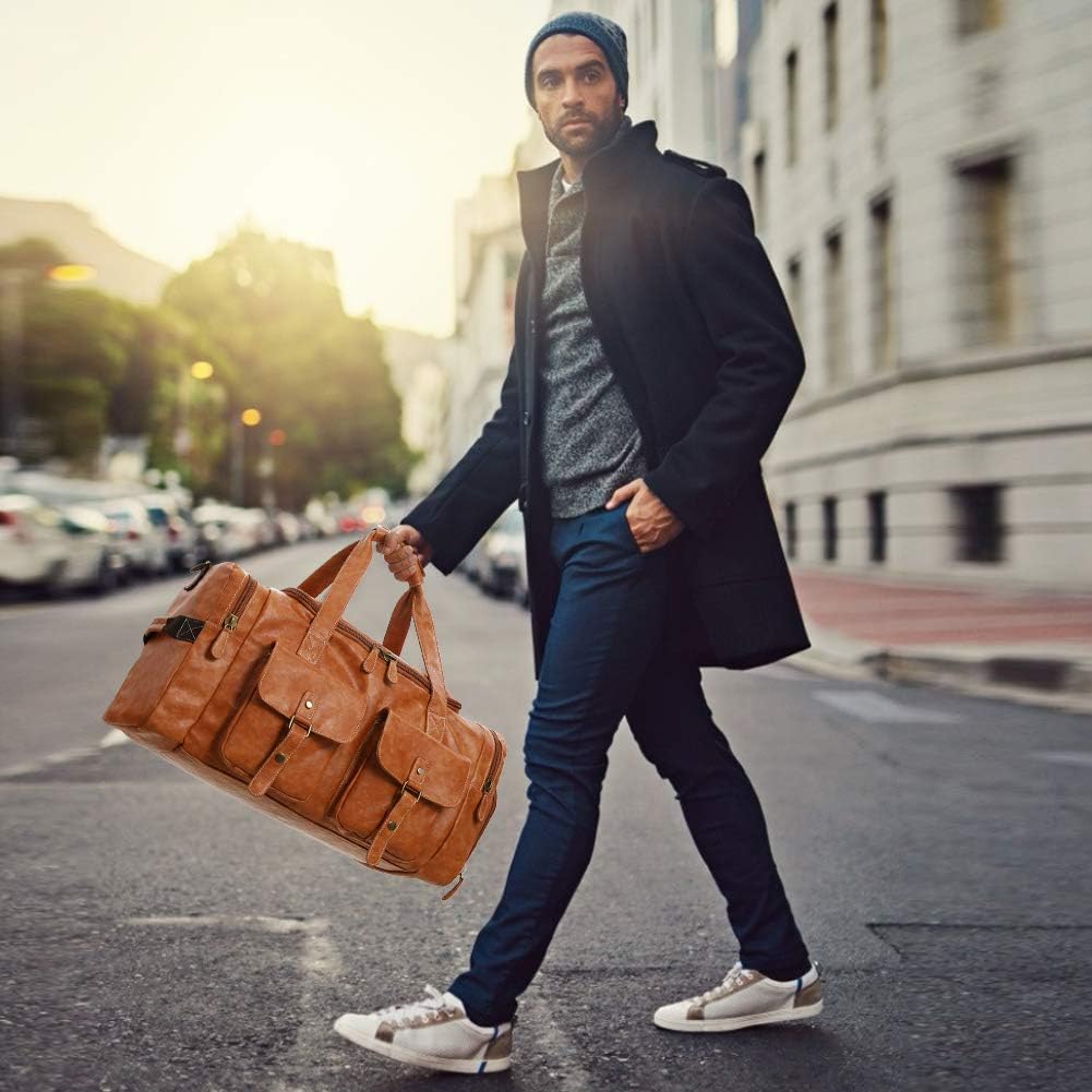 Zeroway PU Leather Travel Duffel Bag with Shoe Pouch Large Carry on Bag Waterproof Weekender