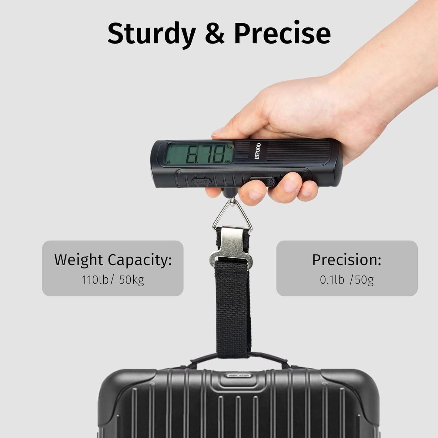 Battery-Free Digital Luggage Scale, Suitcase Scale for Travel, Portable Luggage Weight Scale with Hook & LCD Display for Luggages, Packages & Bags, 110lb/50kg Handheld Scale, Black