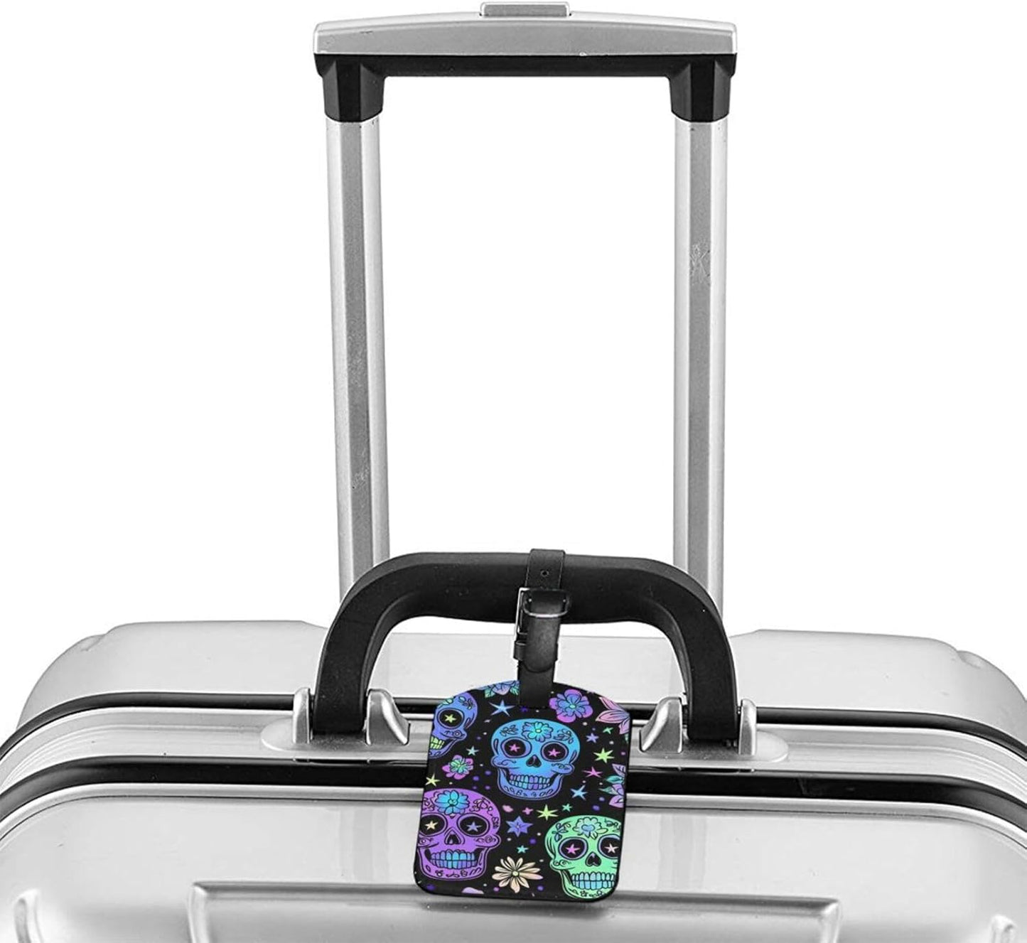 Purple Neon Skull Flowers Luggage Tag Leather Suitcase Tags Cute Luggage Identifiers for Suitcases Privacy Cover Travel Name Tag for Kids Adult