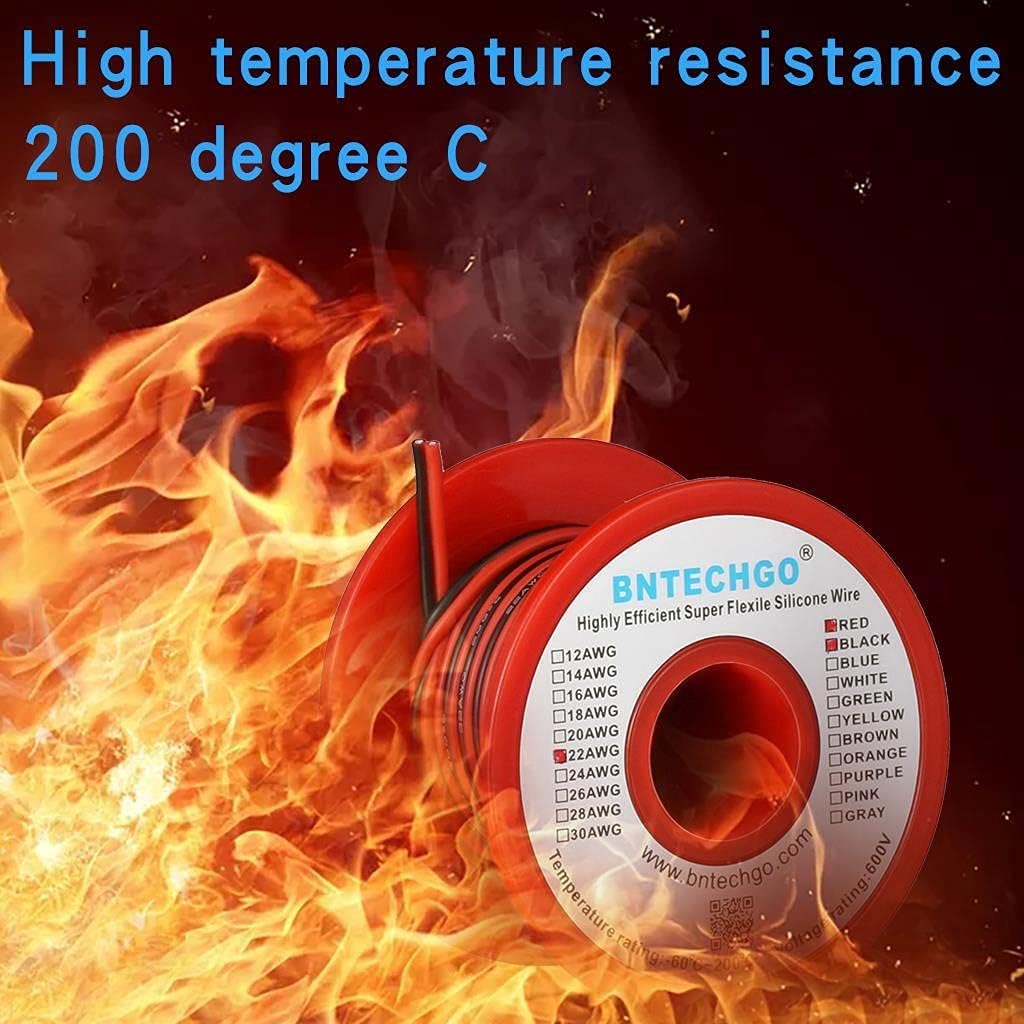 BNTECHGO 22 Gauge Flexible 2 Conductor Parallel Silicone Wire Spool Red Black High Resistant 200 deg C 600V for Single Color LED Strip Extension Cable Cord,Model,25ft Stranded Tinned Copper Wire