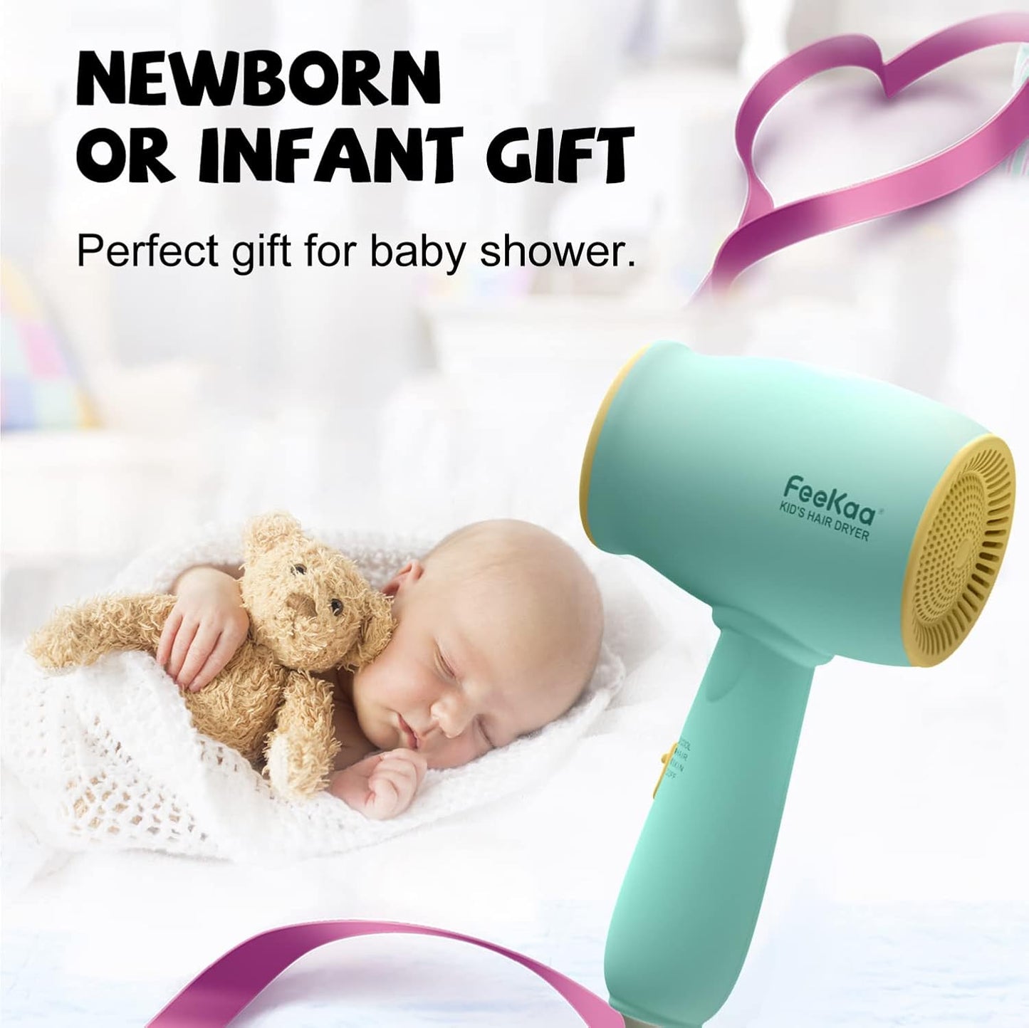 Feekaa Kids Hair Dryer, Low Noise Gentle Heat for Kids Skin, Gift for Children's Birthday