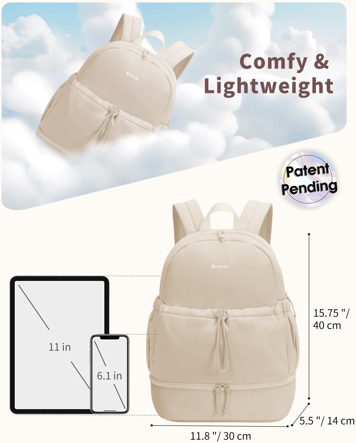 Ceneda Gym Backpack for Women, Lightweight Puffer Backpack with Shoe Compartment, Wet Pocket & Tumbler Strap, Cute Daypack for Fitness, Daily Use & Travel (Beige)