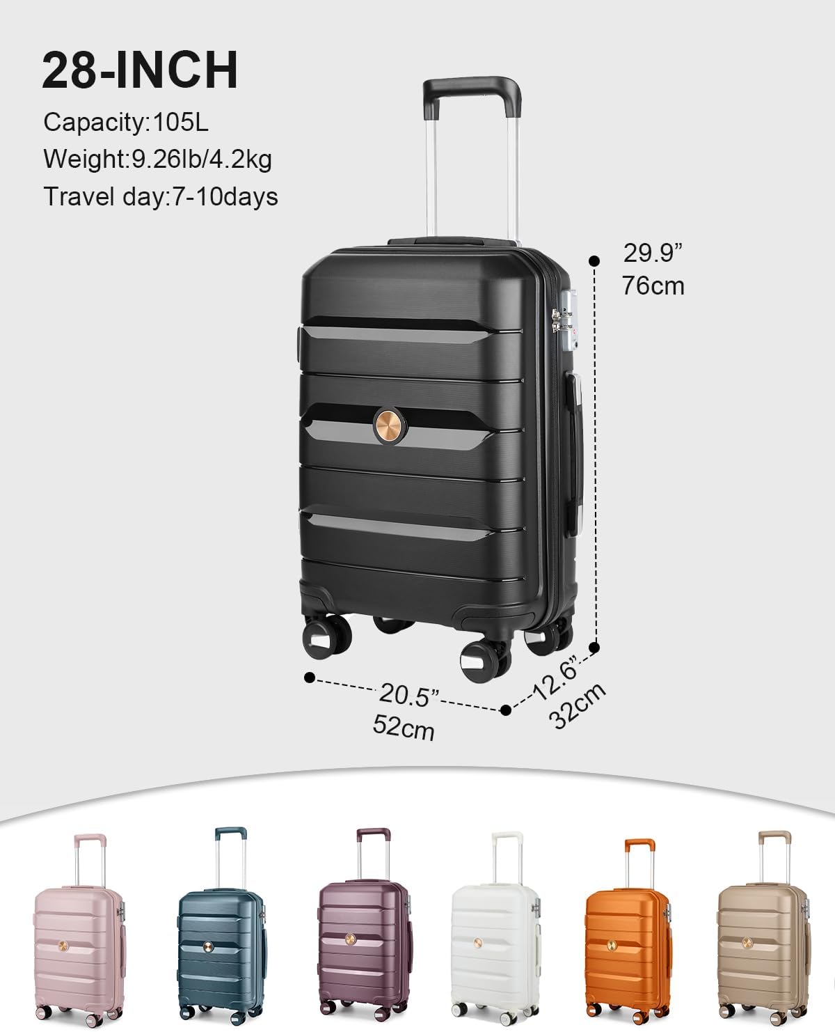 Somago 28 Inch Luggage With Spinner Wheels Hard Shell Polypropylene Suitcase with TSA Lock and YKK Zipper,Classic Black