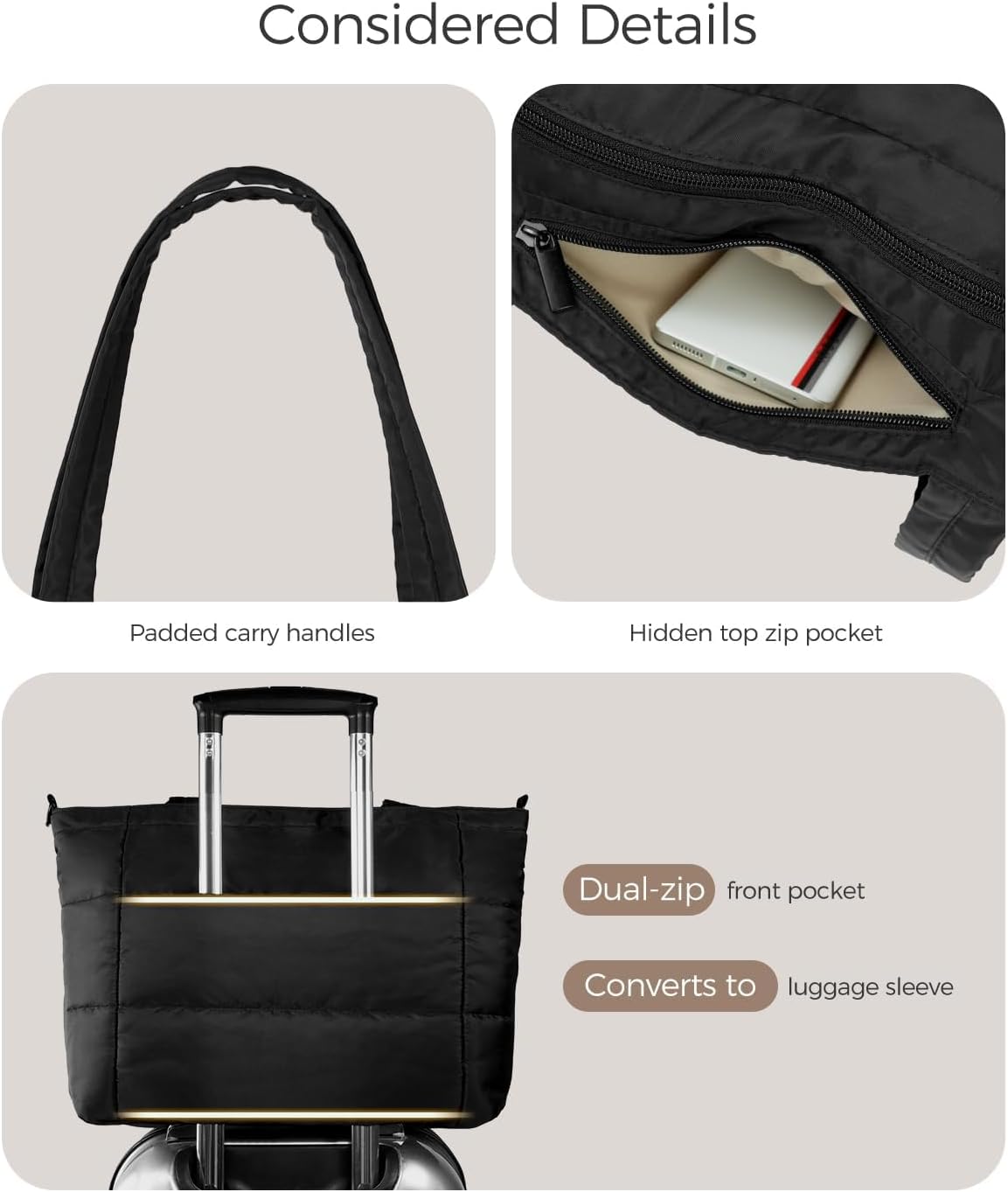 Puffer Tote Bag for Women, Lightweight Quilted Work Purse with Phone Pocket Fits 15.6" Laptop for Nurse Teacher Travel