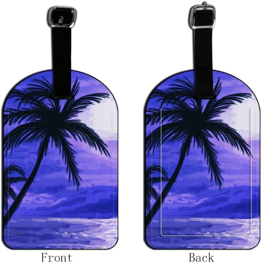 Palm Trees and Sunset Purple-Beach Tropical Ocean Luggage Tags ID Leather Travel Bag Labels Baggage