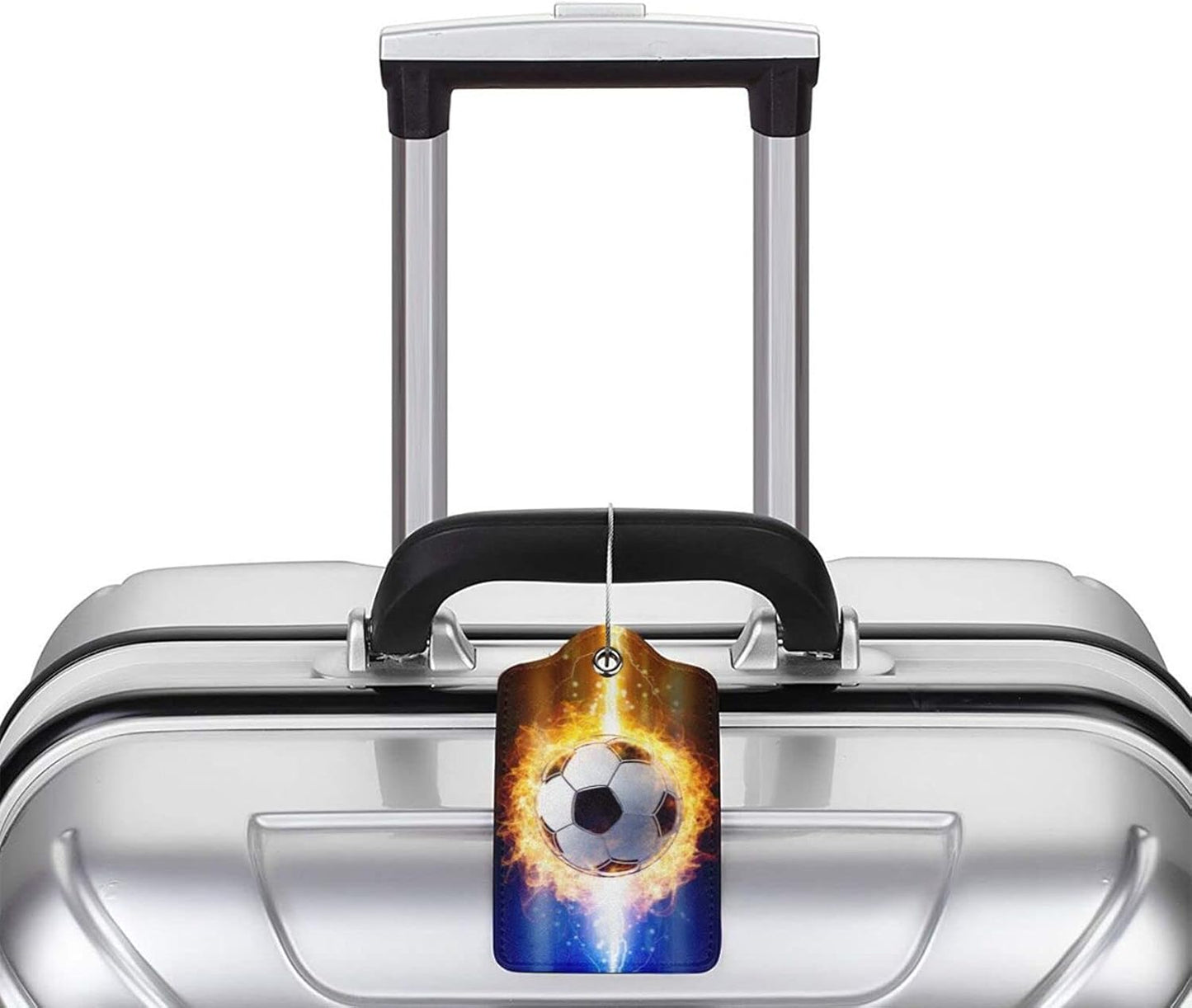 Kids Luggage Tags for Suitcases, 2 Piece Travel Suitcase Leather Bag Tags with Fire Soccer Ball Pattern for Sports Boys Men Women Teen Girls Travel, Identify ID Labels with Privacy Cover