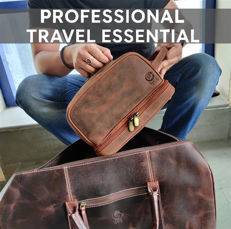 RUSTIC TOWN Leather Toiletry Bag - Waterproof Ditty Kit for Men and Women, Travel Organizer for Full-Size Essentials, TSA Approved