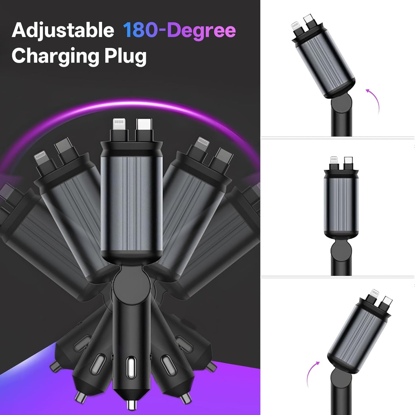 4 in 1 Retractable Car Charger Starlight Compatible with iPhone 16/15/14/13/12/11,Galaxy,Pixel