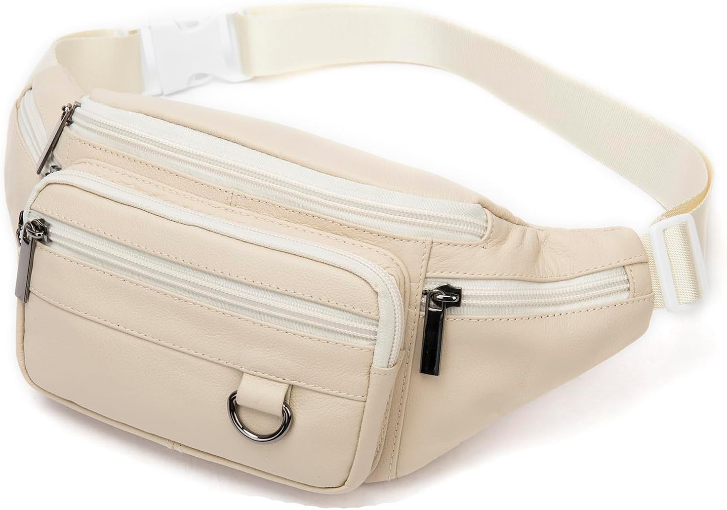 Genuine Leather Fanny Pack HandMade Durable cowhide Waist Bag Lots of Anti-theft zipper pocket Dark White