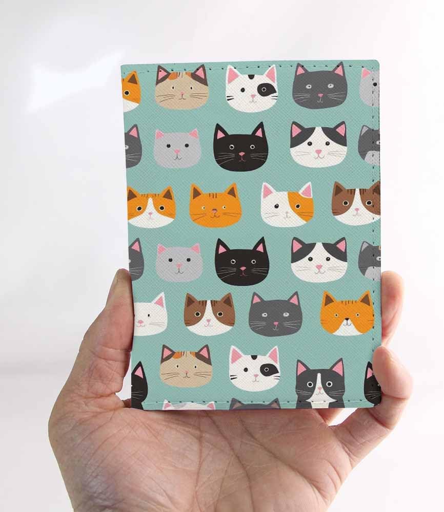 Cat Faces Passport Holder for Travel Tabby Kitten Grey Black White Yellow PU Leather Passport Cover Wallet Cute Passport Card Holder for Women and Men