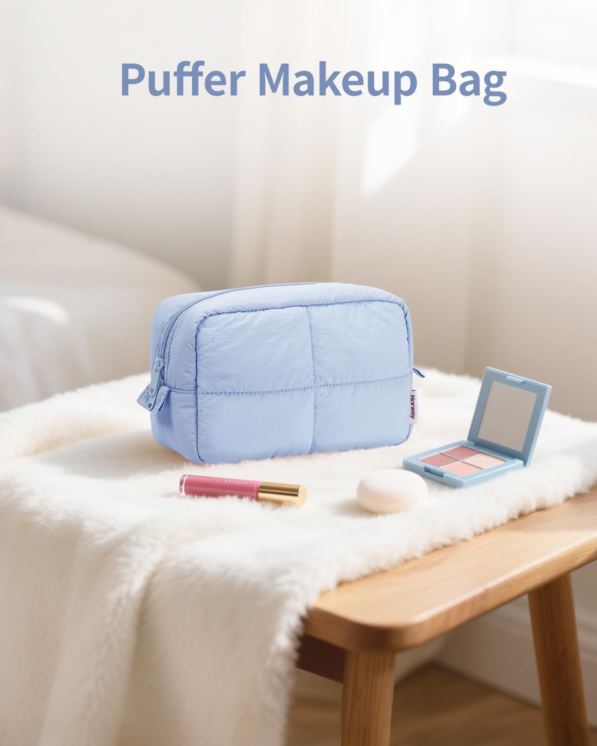 Narwey Puffy Makeup Bag for Travel Women Girl, Quilted Makeup Bag Cosmetic Bag, Cute Puffer Make Up Organizer Bags, Travel Toiletry Bag Toiletries (Blue)