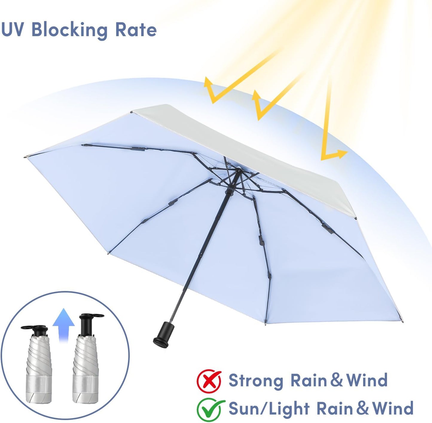 LEAGERA UPF 50+ Mini Umbrella for Travel - Compact Folding Sun Umbrella for Walking Summer Lightweight Purse Small Umbrellas for Women Girls