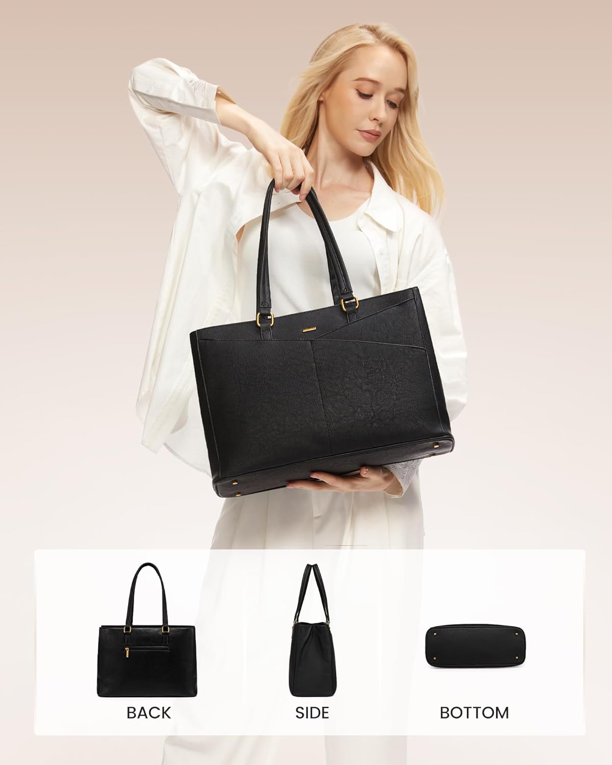 LOVEVOOK Vintage Leather Work Tote - 17.3 Inch Laptop Bag for Women, Waterproof Business Bag, Retro Black