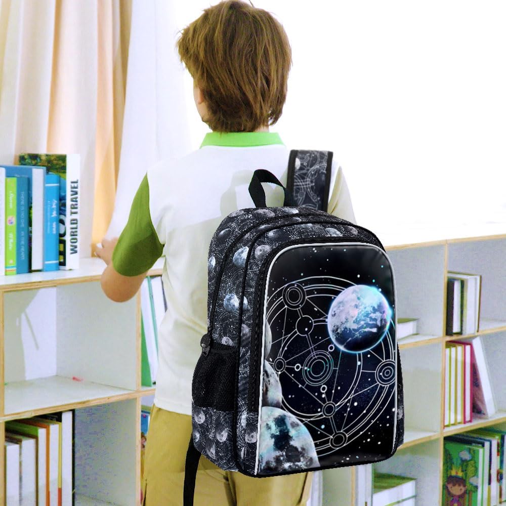gxtvo 3PCS Boys Planet Bookbag, 17" Kids Bookbag with Lunch Box, Water Resistant Middle Elementary Preschool School Bag
