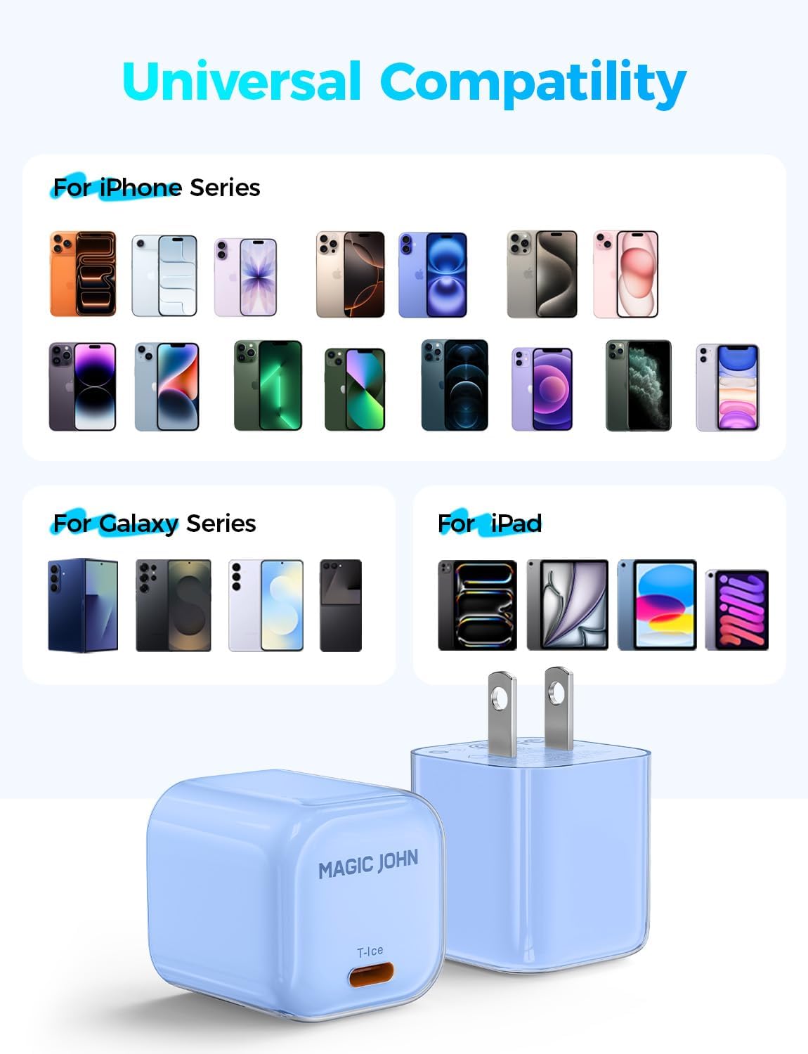 MAGIC JOHN 45W USB C Charger Block, Ultra-Fast Charging for iPhone 15/16/17 & More, Compatible with iPhone, iPad, Samsung, and Other USB C Devices Blue