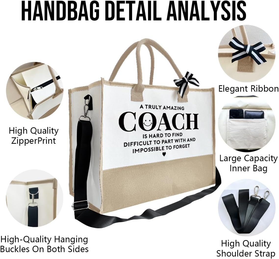 Amazing Coach Tote Bag, Women's Canvas Handbags, Shoulder Beach Bag, Thank You Gift for Female Coach, Gifts for Female Coaches, Canvas Tote Bag With Zipper, Makeup Bag F1