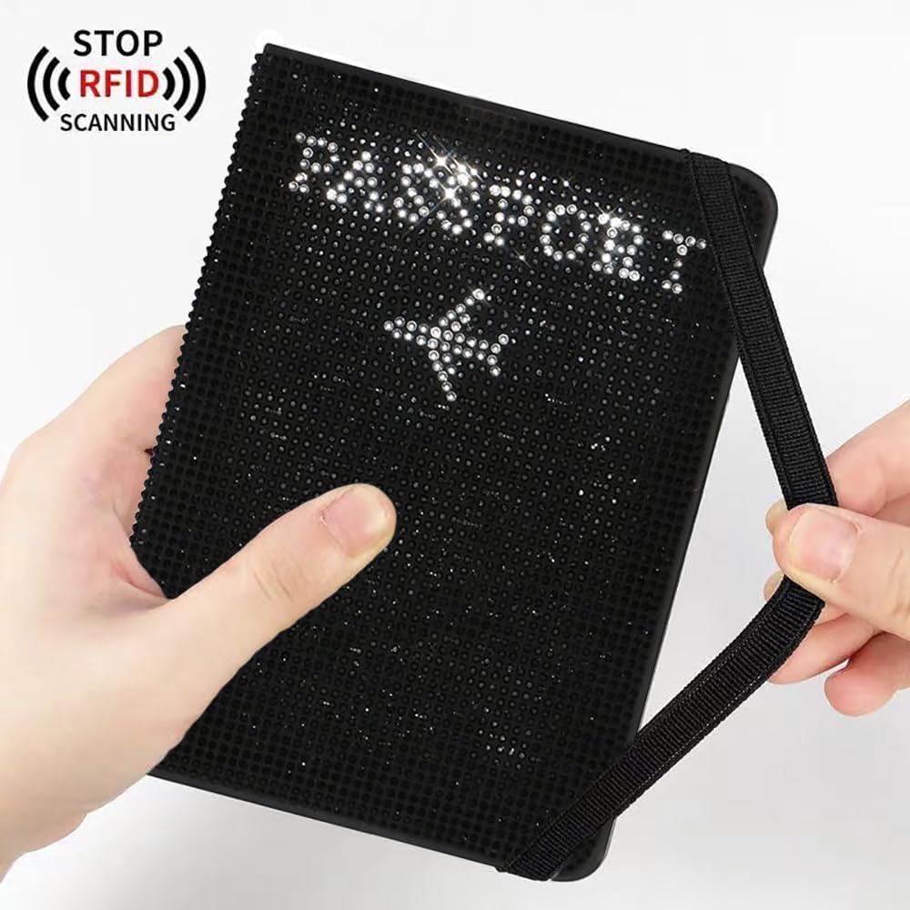 Genuine Leather Wallet Passport Holder for Men and Women Travel Organizer with Bling Rhinestone Design Elegant and Stylish (Black)