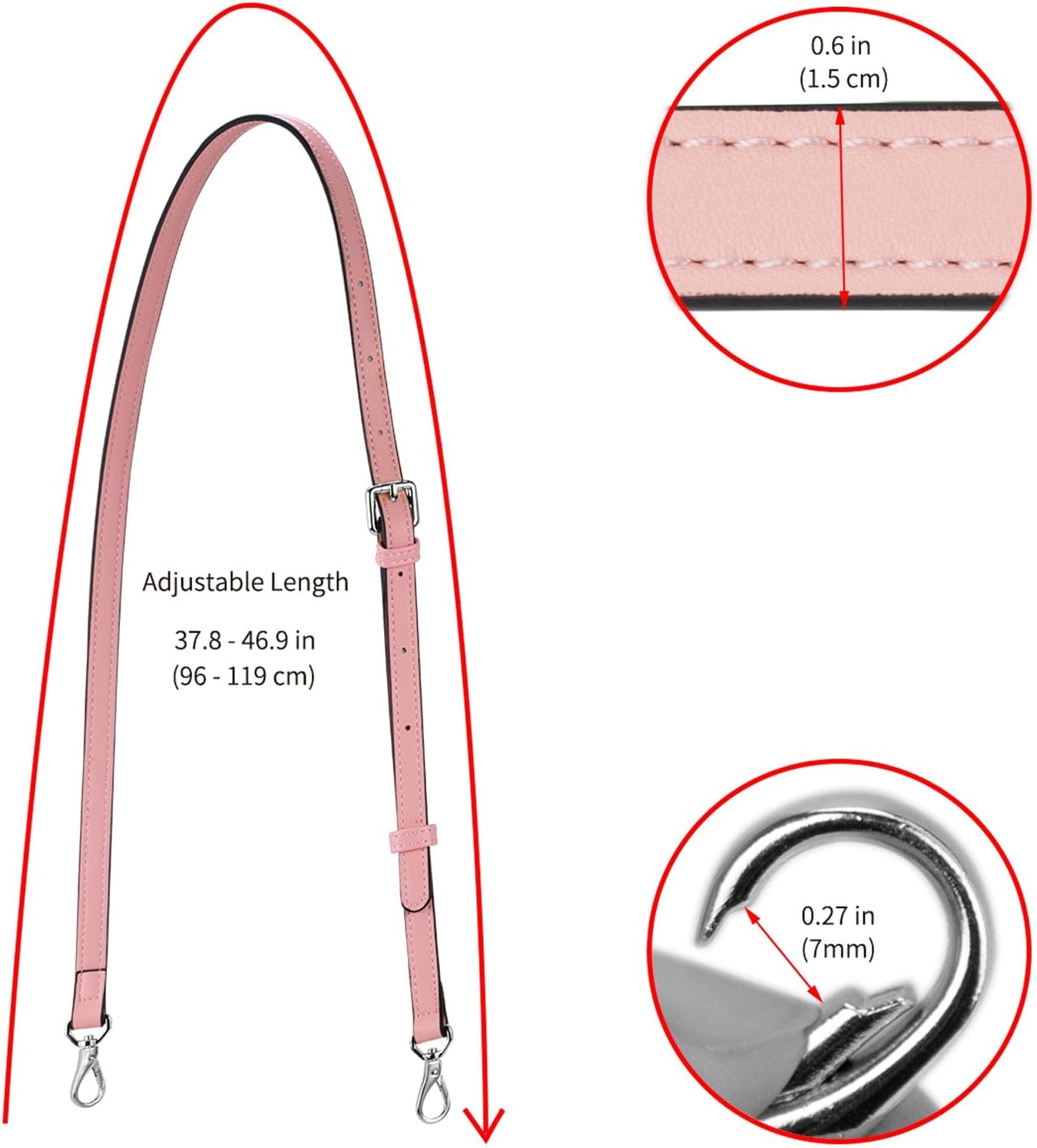 Allzedream Leather Purse Strap Replacement Crossbody Handbag Long Adjustable (Pink, Silver Hardware)