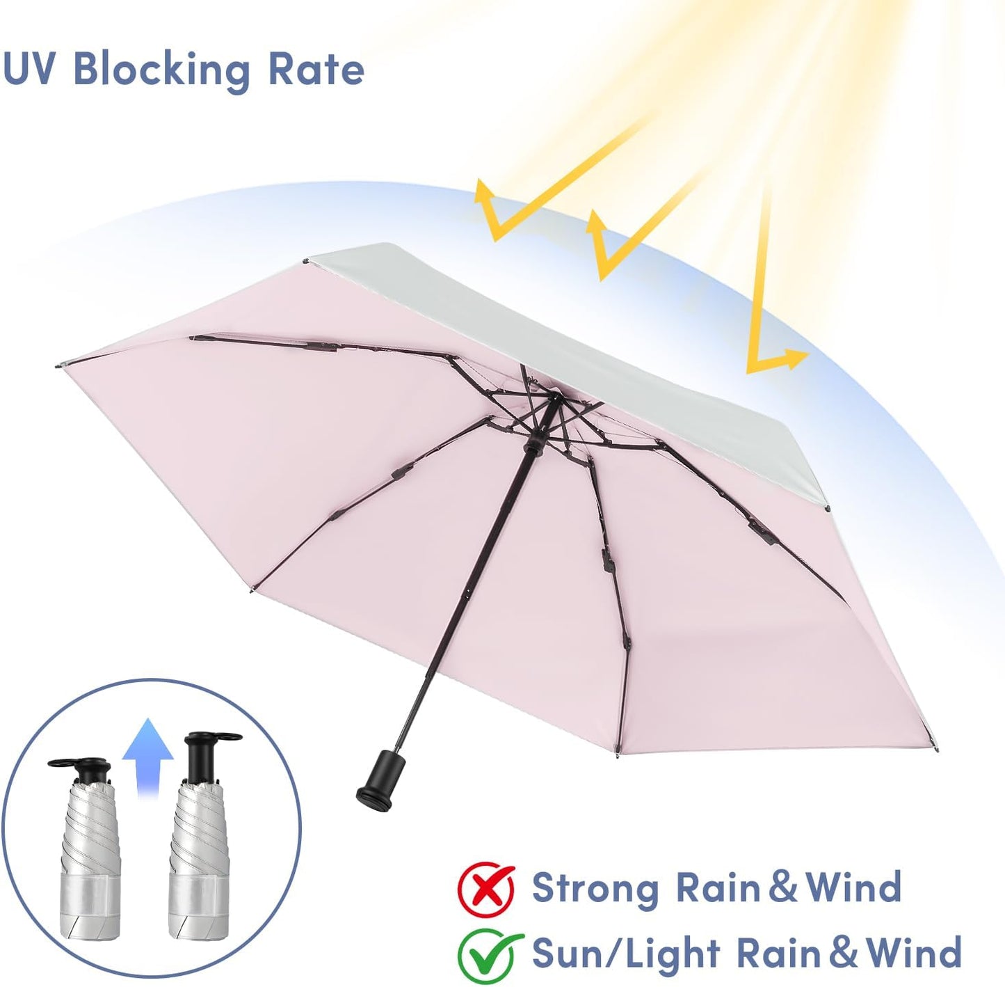 LEAGERA UPF 50+ Mini Umbrella for Travel - Compact Folding Sun Umbrella for Walking Summer Lightweight Purse Small Umbrellas for Women Girls