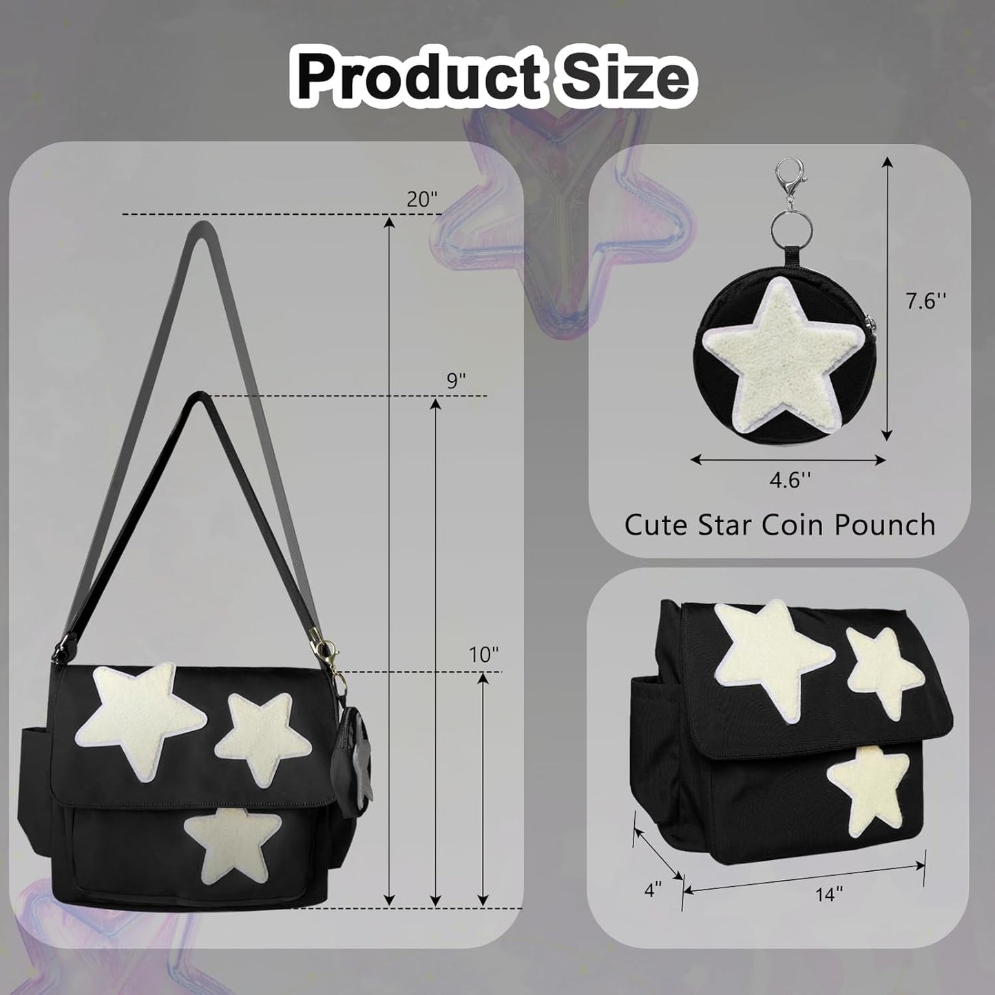 Y2K Messenger Bag for Women, Lightweight Spacious Stars Tote Purse with Cute Coin Purse, Crossbody Shoulder Bag