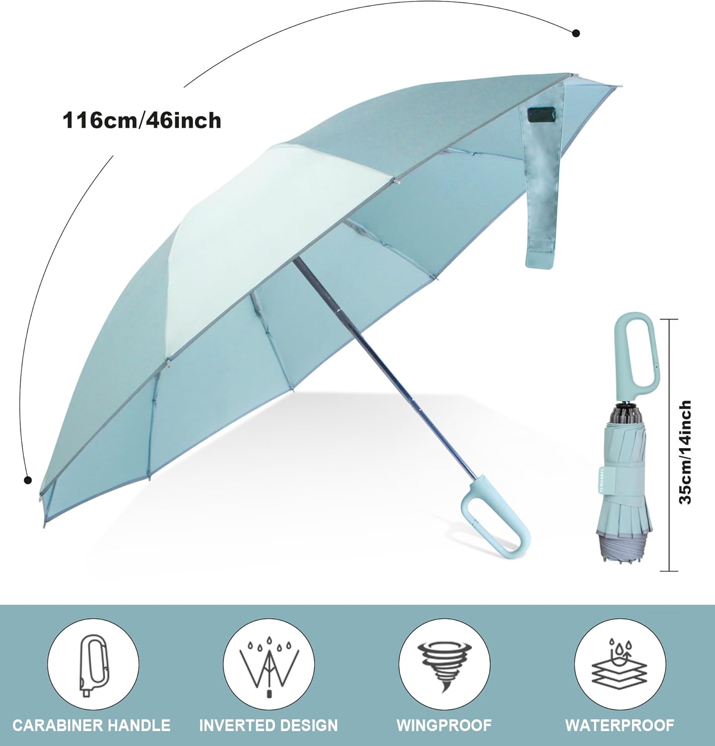 QWB TUMAAOTU Inverted Umbrella with Carabiner Handle, Wind Proof Umbrellas For Rain and Sun, 46 Inch Portable Reverse Folding UV Umbrella, Car Umbrella for Women Men, 10 Ribs