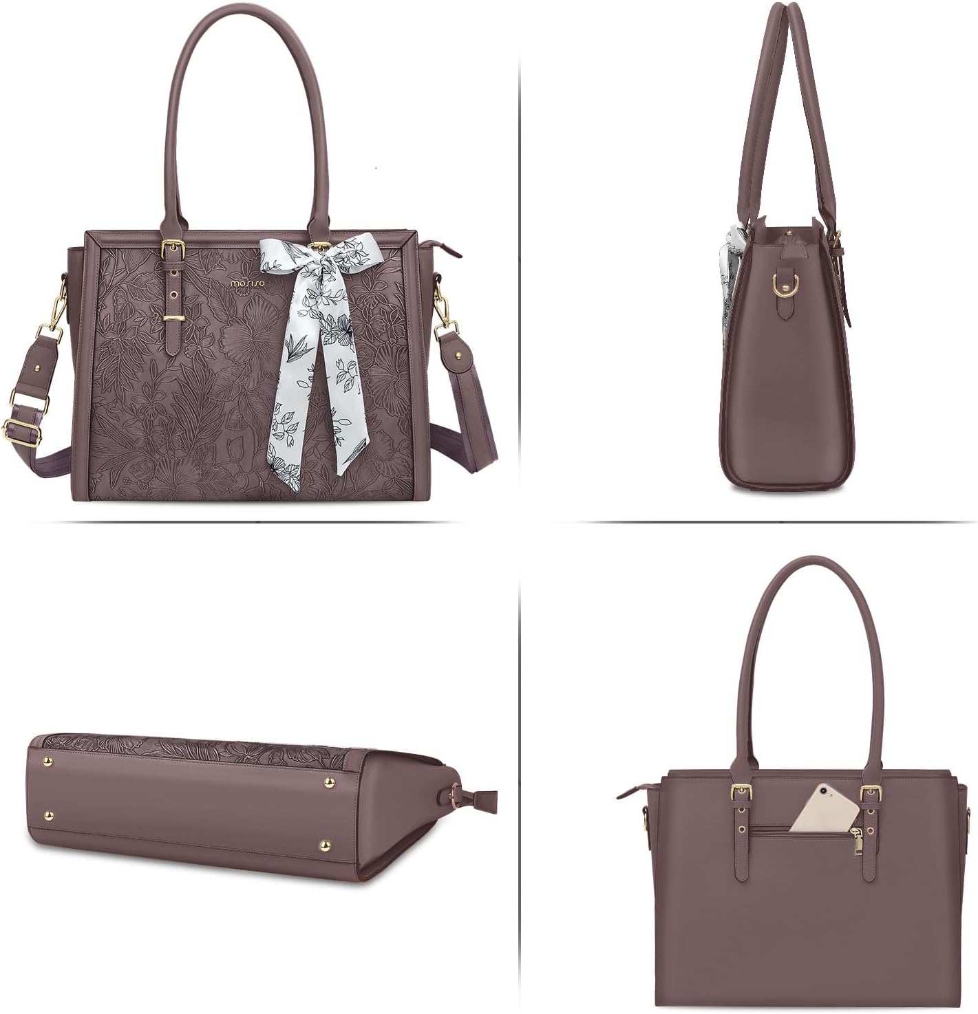 MOSISO Laptop Bag for Women, PU Leather Tote Bag, Front Embossed Retro Hibiscus Computer Bags with Silk Scarf&Clutch Purse