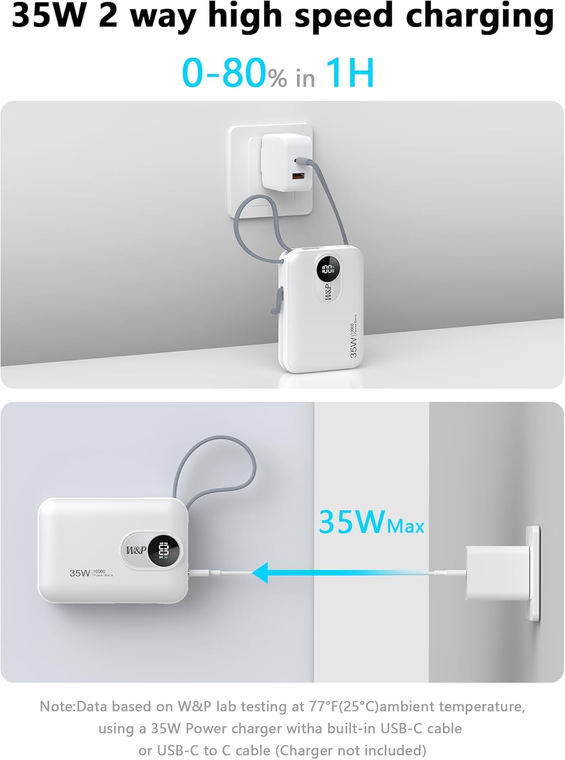 W&P 35W Fast Charging Portable Charger Power Bank 10000mAh with Dual Built-in Cables (USB-C & Lightning), Compact Travel Battery Pack for iPhone 16 15 14, Android, iPad, MacBook