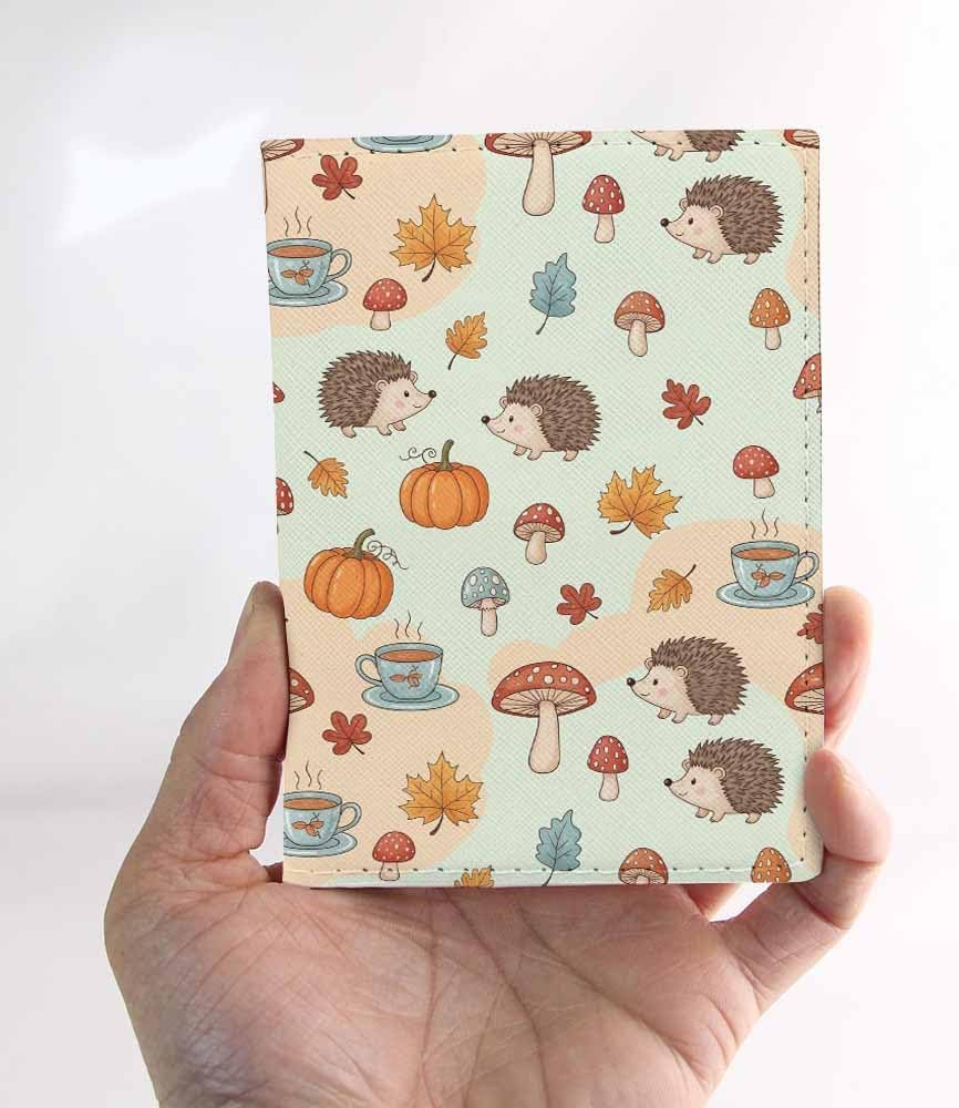 Hedgehogs Passport Holder for Travel Pumpkins Mushroom Maple Leaf Coffee PU Leather Passport Cover Wallet Cute Passport Card Holder for Women and Men