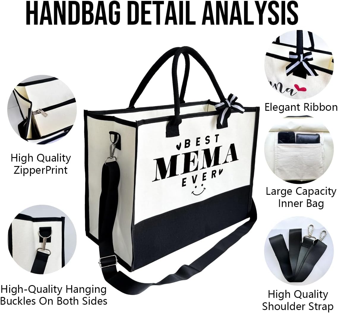 Gift for Best Mema Ever, Large Canvas Beach Bag with Inner Pocket and Makeup Pouch, Reusable Travel Outing Shoulder Bag for Women, Birthday Gift or Mother’s Day Present for Mema and Grandma