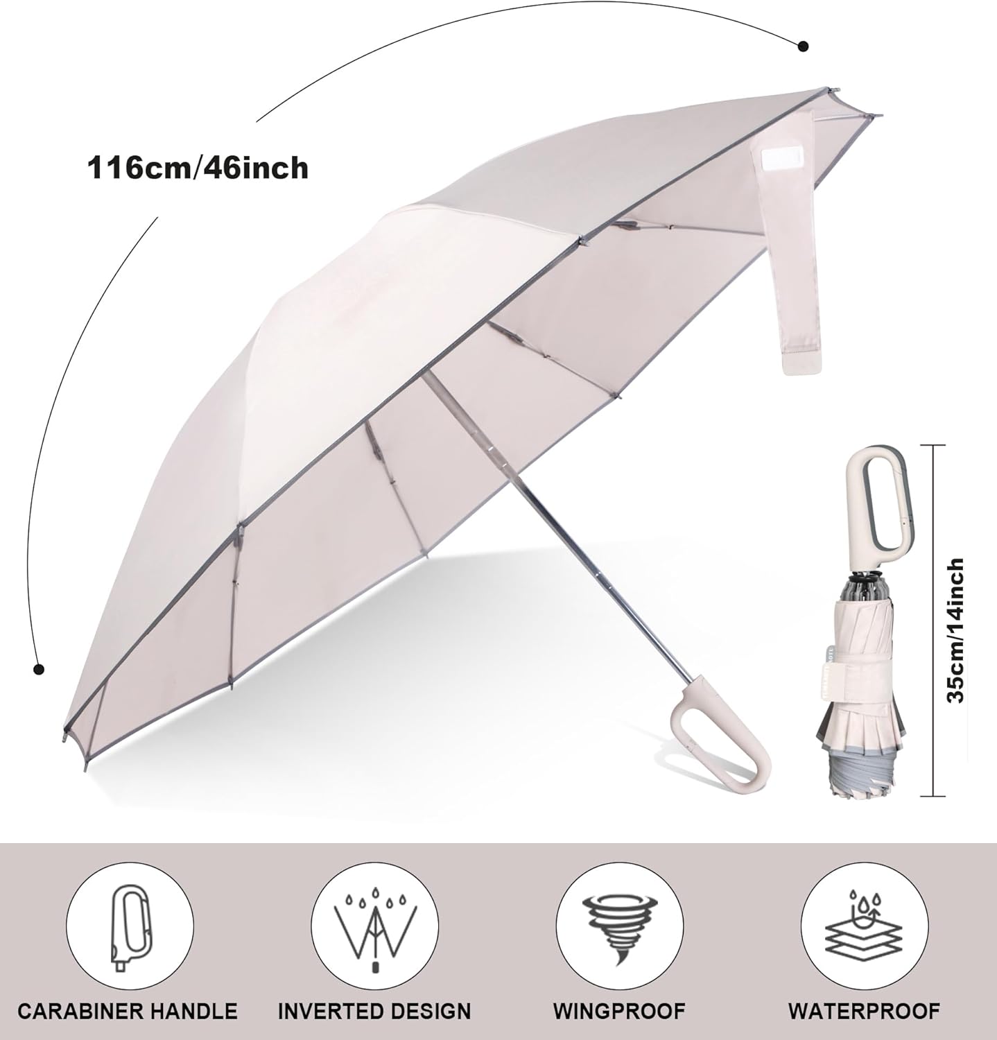 QWB TUMAAOTU Inverted Umbrella with Carabiner Handle, Wind Proof Umbrellas For Rain and Sun, 46 Inch Portable Reverse Folding UV Umbrella, Car Umbrella for Women Men, 10 Ribs