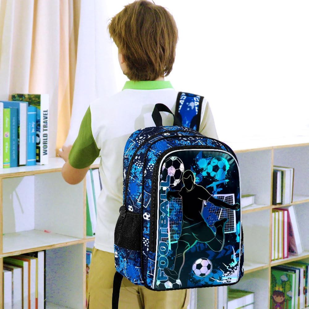 gxtvo 3PCS Boys Soccer Backpack, 17" Kids Football Bookbag with Lunch Box, Water Resistant Middle Elementary Preschool School Bag