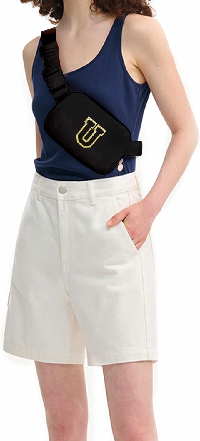 Personalized Belt Bag for Women Girls - Fashion Mini Waist Packs with Adjustable Strap - Trendy Travel Fanny Pack Crossbody Bags with Initial Letter - Teen Gifts | Black,Black U