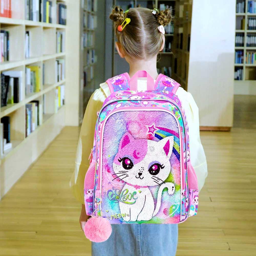 UFNDC 3PCS Backpack for Girls with Lunch Box,16”Kids Sequin Bookbag with Lunch Box, School Bag for
