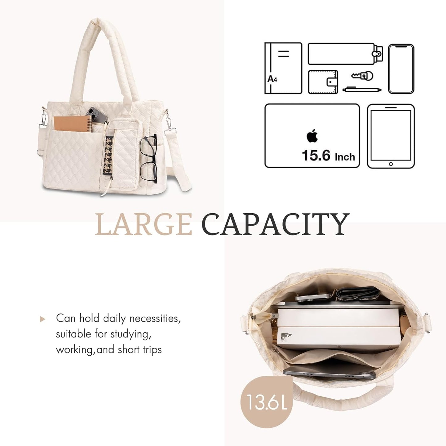 Tote Bag for Women Purses and Weekender Bags Quilted Shoulder Bags 2PCS with Zipper
