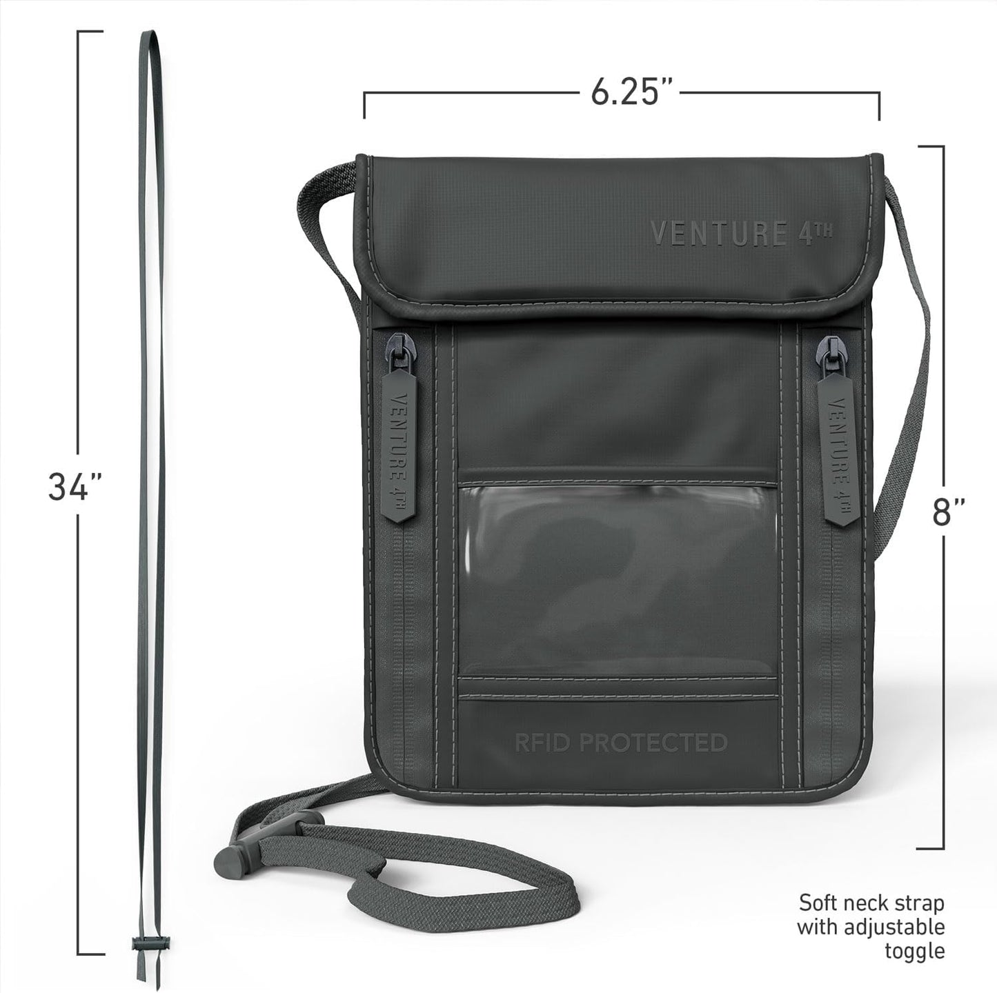 VENTURE 4TH Neck Wallet, RFID Blocking Passport Holder for Travel – Hidden Neck Pouch with 5 Compartments, Slim Lightweight Organizer with Adjustable Strap for Cash, Cards & Passport (Sleek Gray)