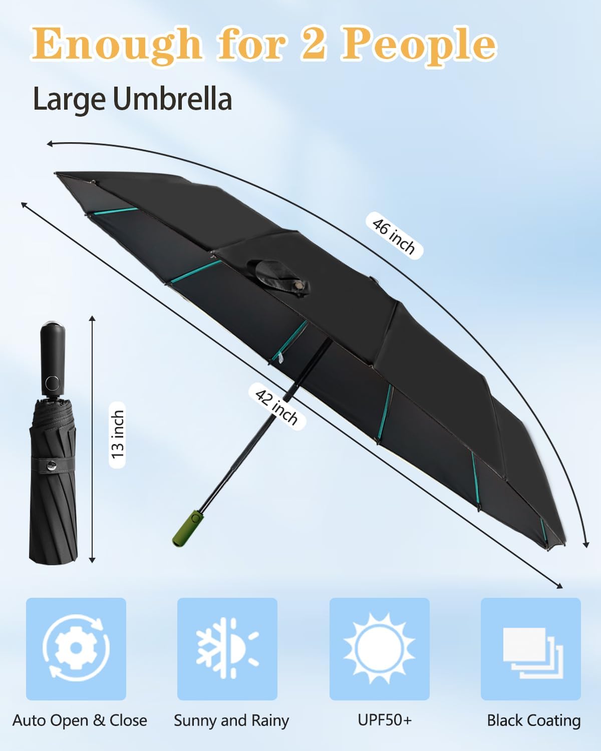 Large Double-Ribs Umbrella Automatic Folding Umbrella for Women Men, Travel, UPF 50+ UV Protection,46-Inch, 12 Ribs, Light Green