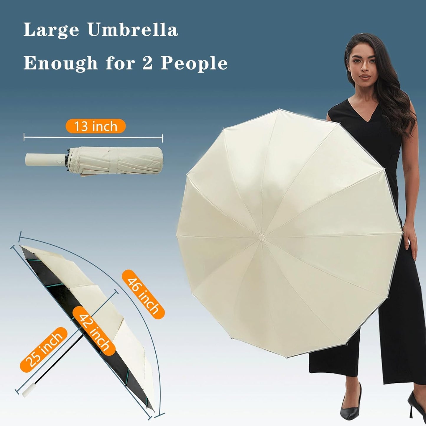 Large Double-Ribs Umbrella Automatic Folding Umbrella for Women Men, Travel, UPF 50+ UV Protection,46-Inch, 12 Ribs, Light Green