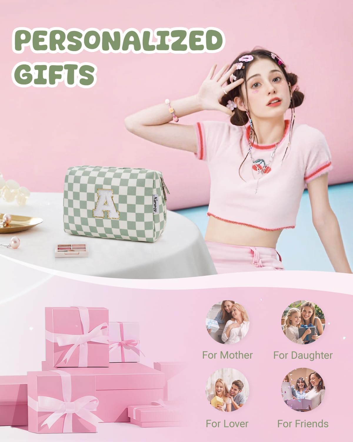 Narwey Christmas Gifts Initial Makeup Bag for Teen Girls Kids Trendy Stuff 6 8 10 11 12 13 14 16 18 Years Old, Personalized Monogram Cosmetic Toiletry Bag, Birthday Gifts for Women Tween (Green A)