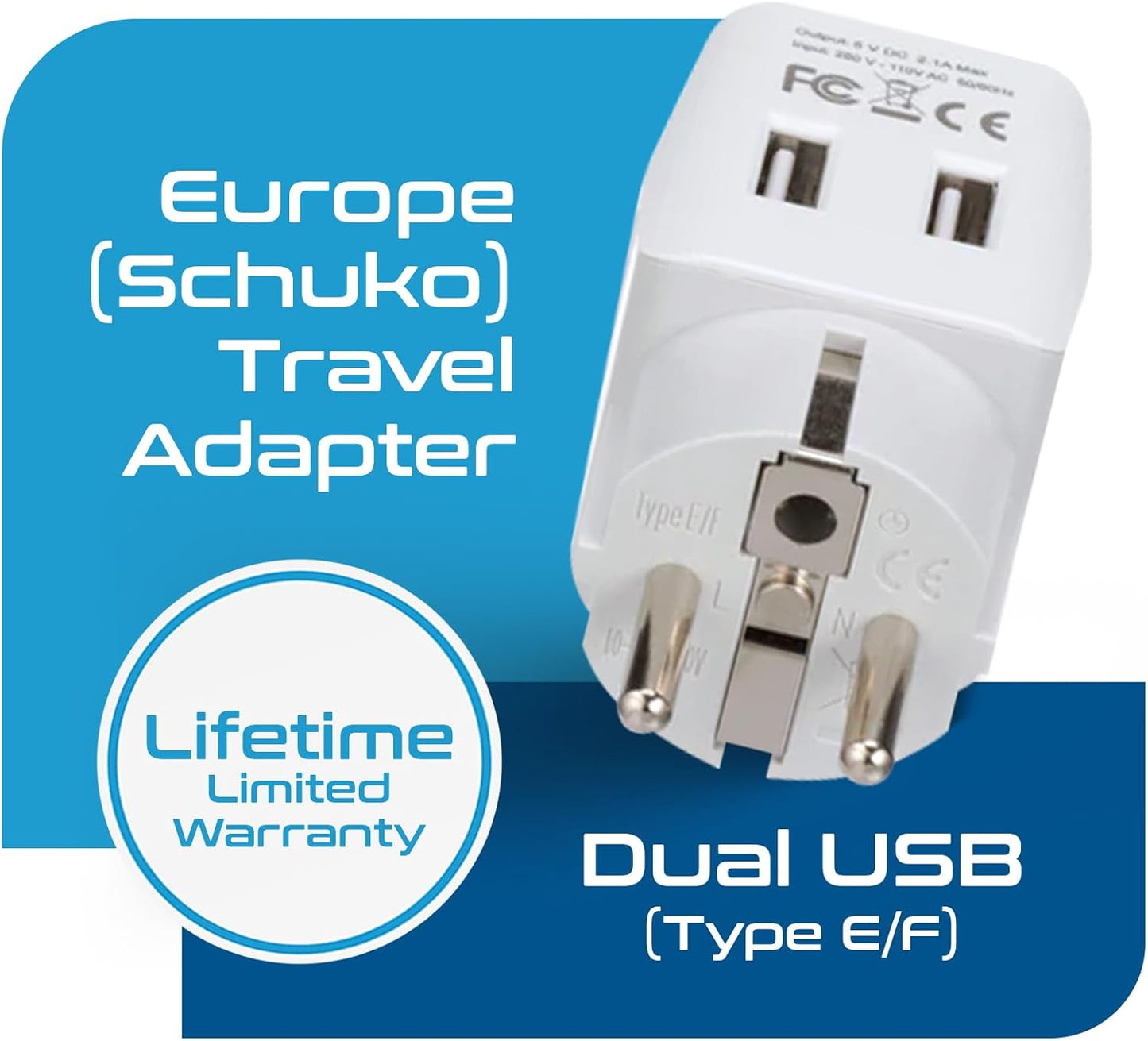 Ceptics Schuko, Germany, France, Spain Travel Adapter Plug with Dual USB - Usa Input Type E/F