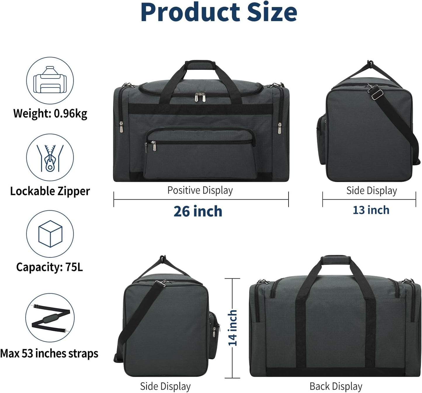 75L Large Duffle Bag for Men - 26 inch Duffel Bag Heavy Duty for Weekend Travel Sport Camping/Travel - Dark Grey