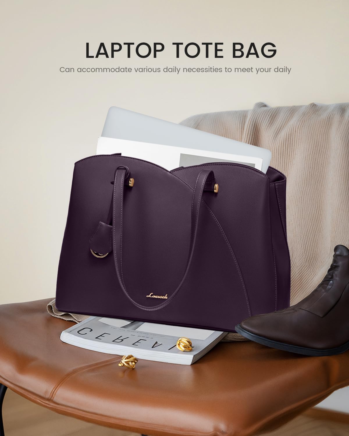 LOVEVOOK 17.3 Inch Laptop Tote Bag for Women, Teacher Work Tote Bags Laptop Bag, Leather Computer Bag Large Purses Handbag Professional Briefcase, Purple