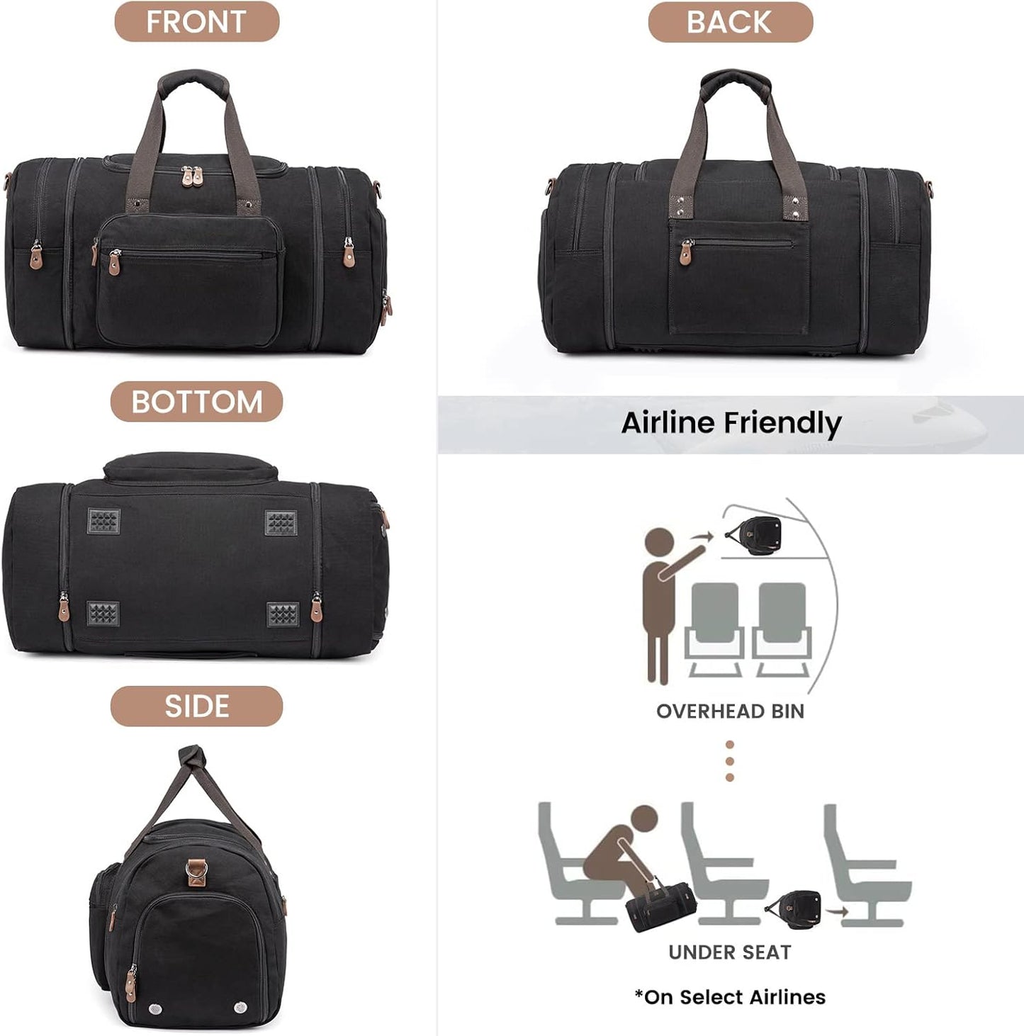 Sucipi Canvas Travel Duffel Bag for Men, Weekend Overnight Bag with Shoe Compartment and Toiletry Bag, Carry-On for Airplanes, Black