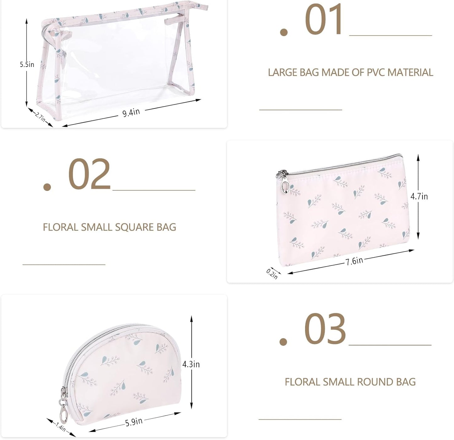 Richeart Makeup Bag, Clear Bag with Zipper, 3PC Floral Flowers Makeup Pouch, Waterproof Small Pouch, Portable Travel Toiletry Bag, E