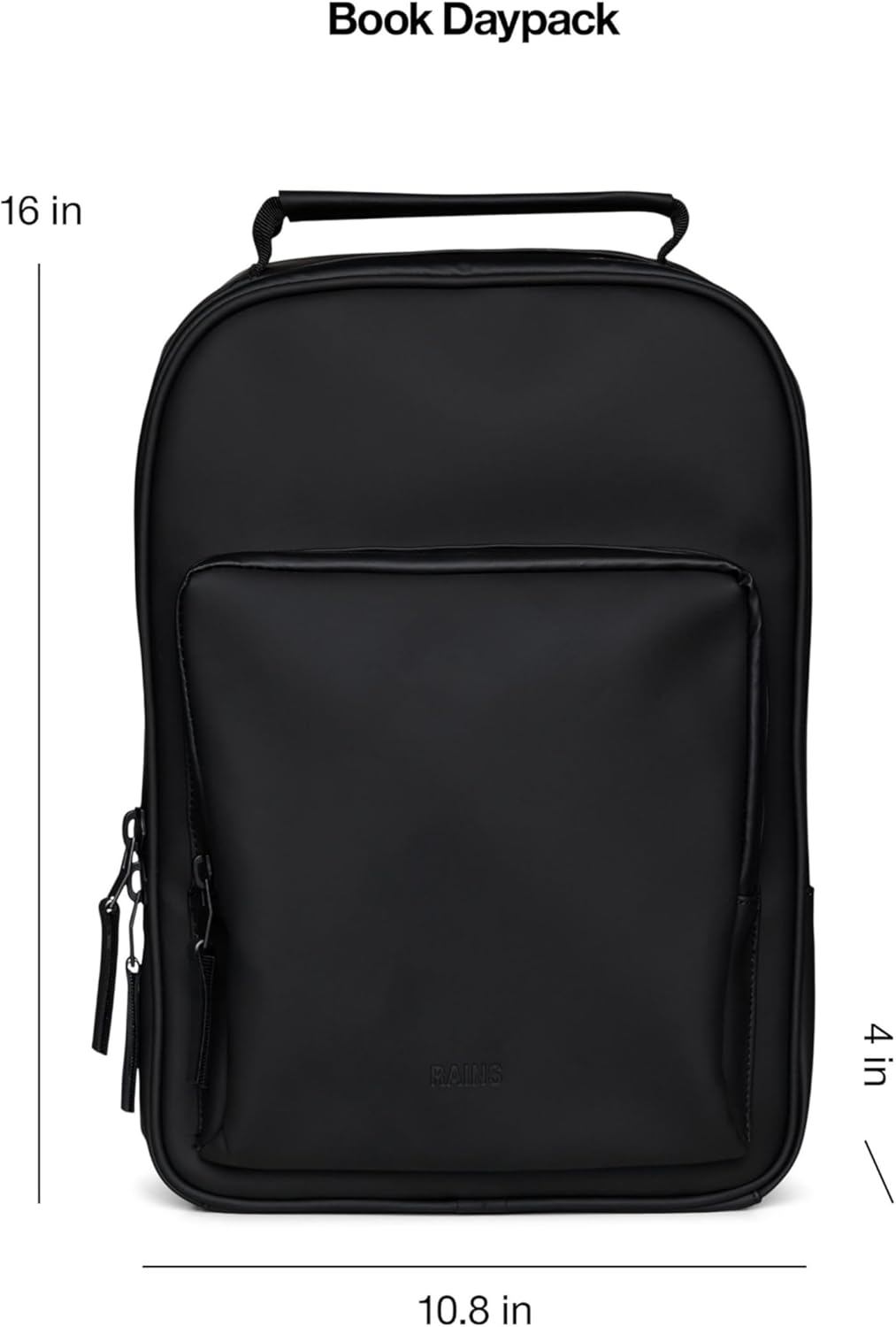 RAINS Book Daypack - Black Laptop Backpack for Men and Women, Waterproof Black Minimalist Commuter Bag with 15” Laptop Room, Front Zip Pocket - 2 Year Warranty
