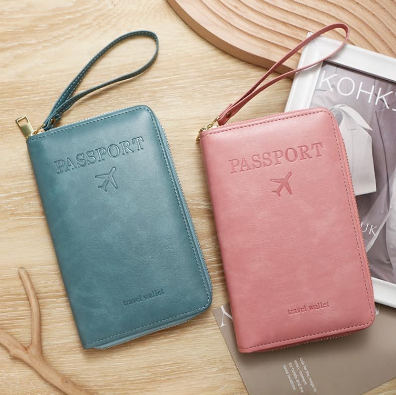 RFID Passport Wallet for Women & Men, Leather Zipper Travel Organizer with Waterproof Design (Pink)