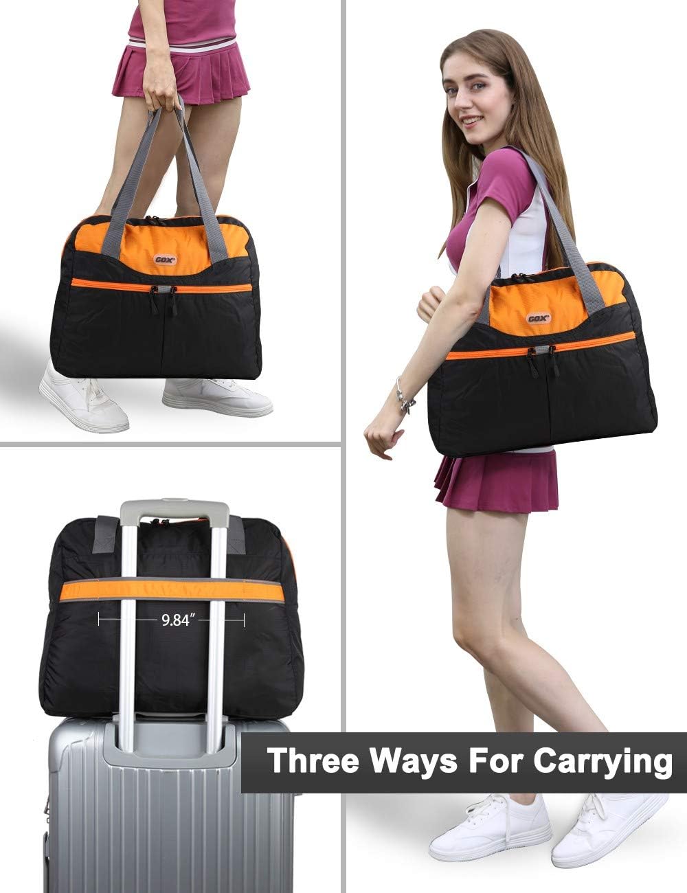 GOX Large Foldable Travel Duffel Bag Packable Tote Bag Carry on Luggage Weekender Overnight Bag Lightweight (Black&Orange)