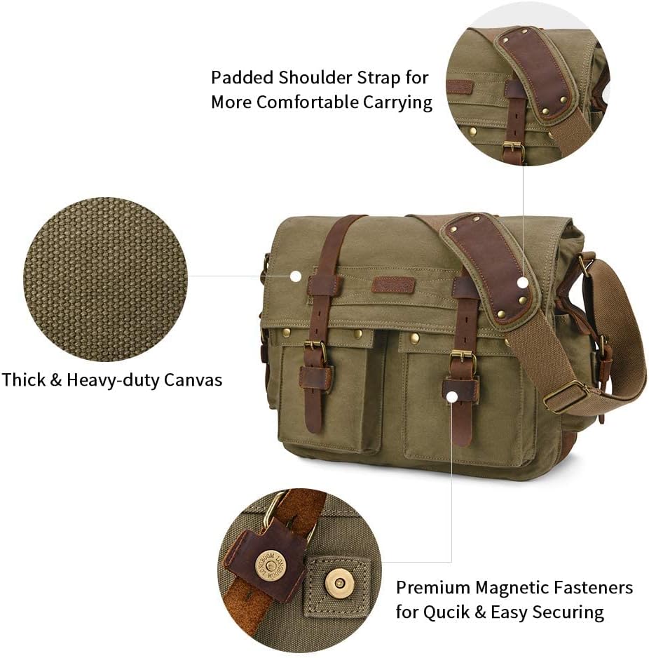 Kattee Military Messenger Bag Canvas Leather Shoulder Bag