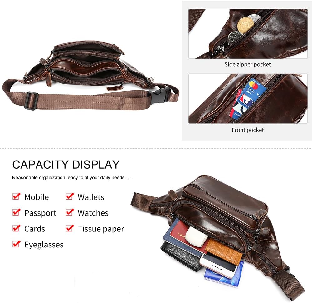 Genuine Leather Fanny Pack Men Women Multi-Pockets sling Waist Bag For Travel Sports Hiking Cycling Fishing Running OilCoffee Large