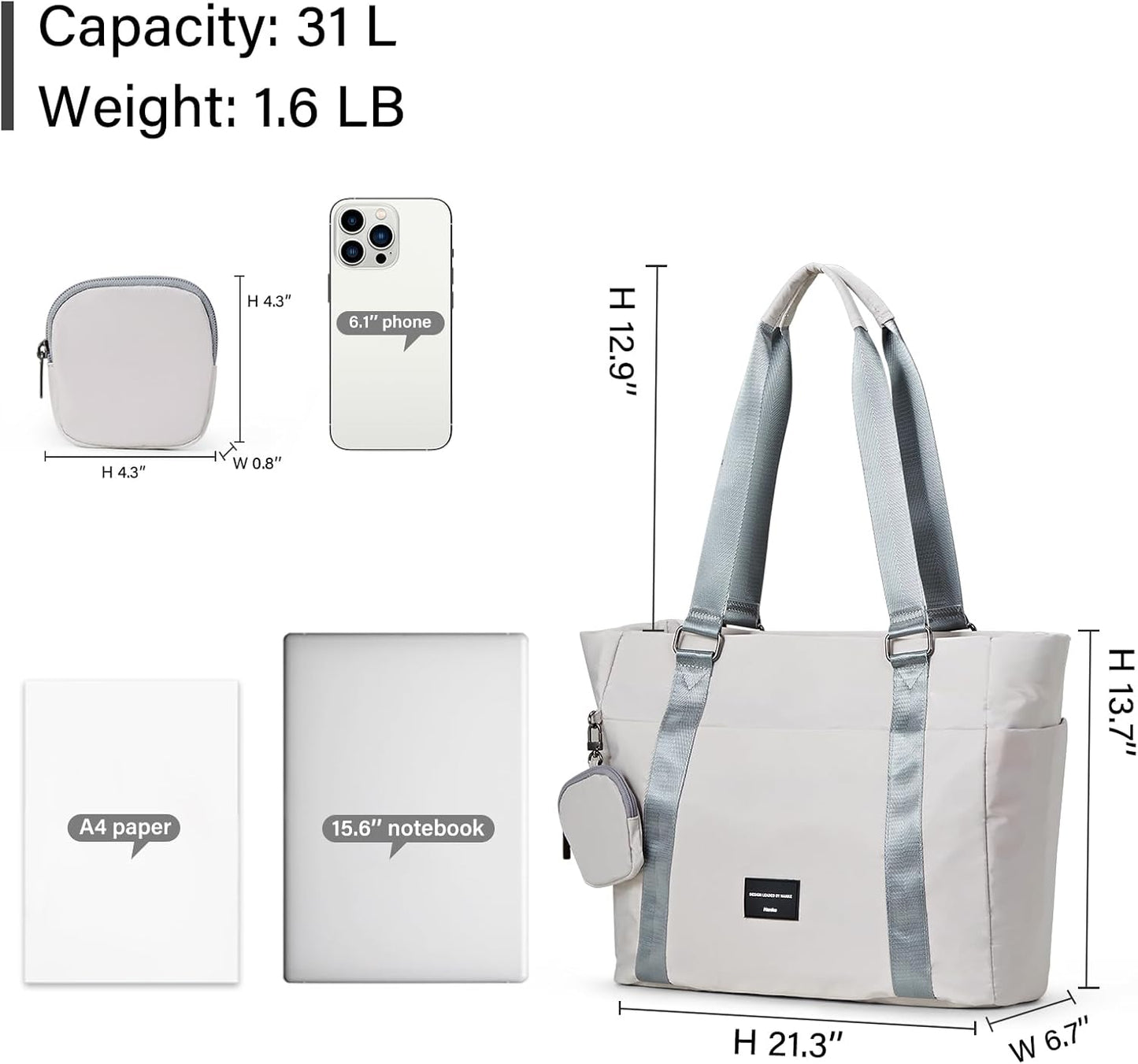 Hanke Laptop Tote - Lightweight Nylon Shoulder Bag for Work, Travel, Sports & Gym - Dune Grey